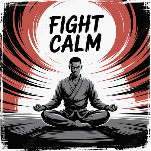 Man meditating in lotus position with martial arts inspired background and text Fight Calm