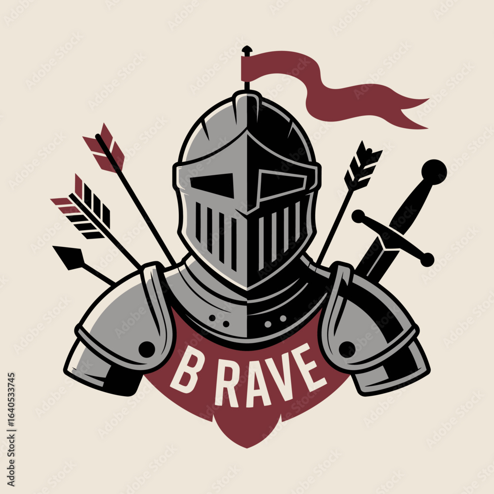 Naklejka premium Vector illustration of a medieval knight in armor with swords and arrows and a banner with the word brave