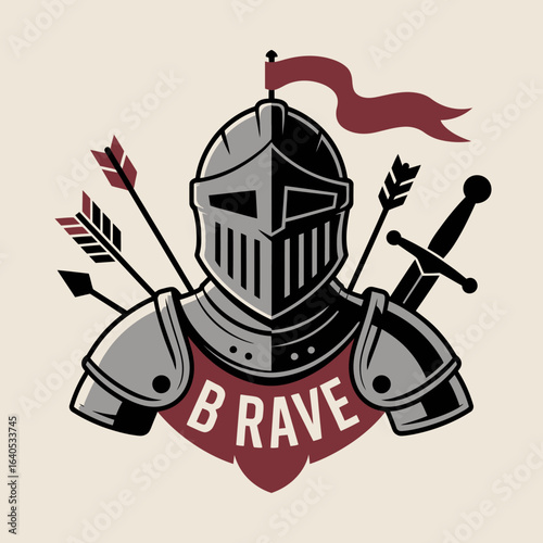 Vector illustration of a medieval knight in armor with swords and arrows and a banner with the word brave