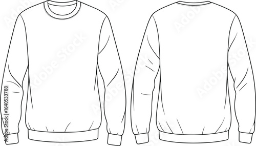 Blank crewneck sweatshirt front and back view, unisex clothing template for design mockup, casual fashion, apparel vector, clean outline illustration