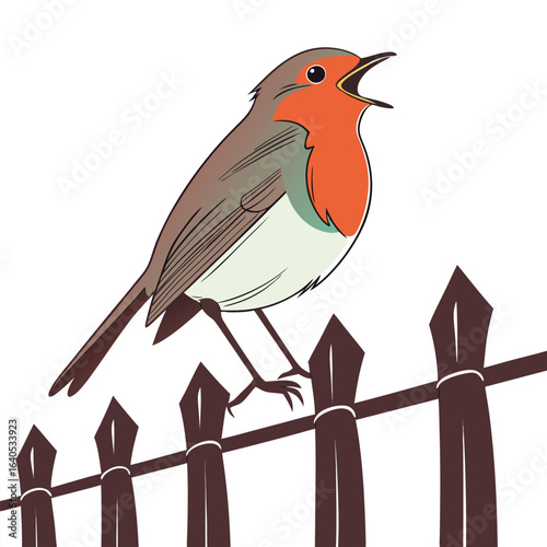 Illustration of a European Robin perched on a rustic wooden fence singing loudly
