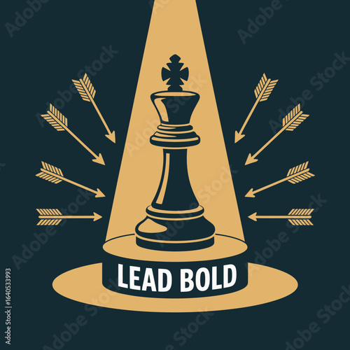 Leadership concept with chess king piece and arrows symbolizing bold strategic direction and decisive action in a dark background