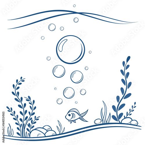Simple stylized illustration of underwater marine life with fish and bubbles