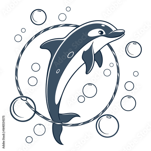Stylized dolphin illustration surrounded by bubbles within a circular rope frame