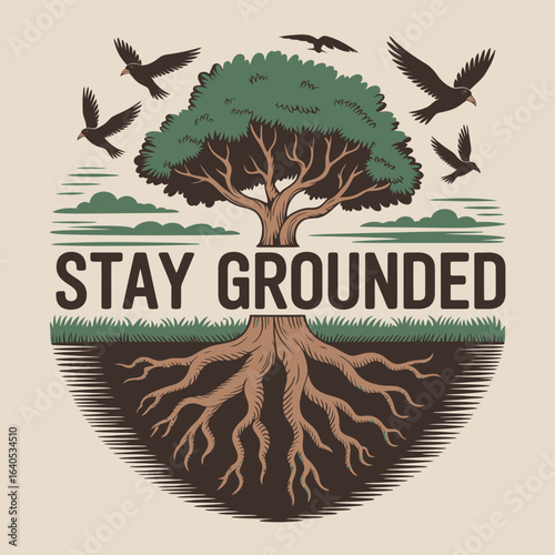 Photography Illustration of a tree with visible roots and birds flying around it with the mo