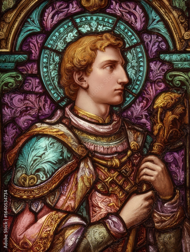 Obraz premium Premium Religious Remembrance Day Stained Glass Saint Lawrence Portrait with Ornate Patterns for Autumn Faith-Based Education and Charity Campaigns