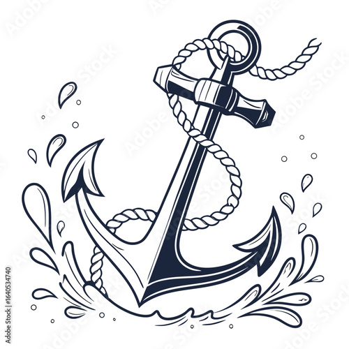 Vintage monochrome marine illustration of a nautical anchor crashing through the ocean water