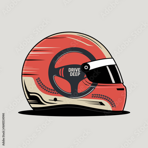 Illustration of a red and white racing helmet with a steering wheel on the side and the text Drive Deep