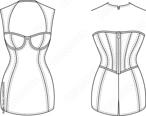 Fashion dress technical flat sketch, women bodycon mini dress design, halter neckline, bustier corset back, zipper closure, sewing pattern, apparel illustration