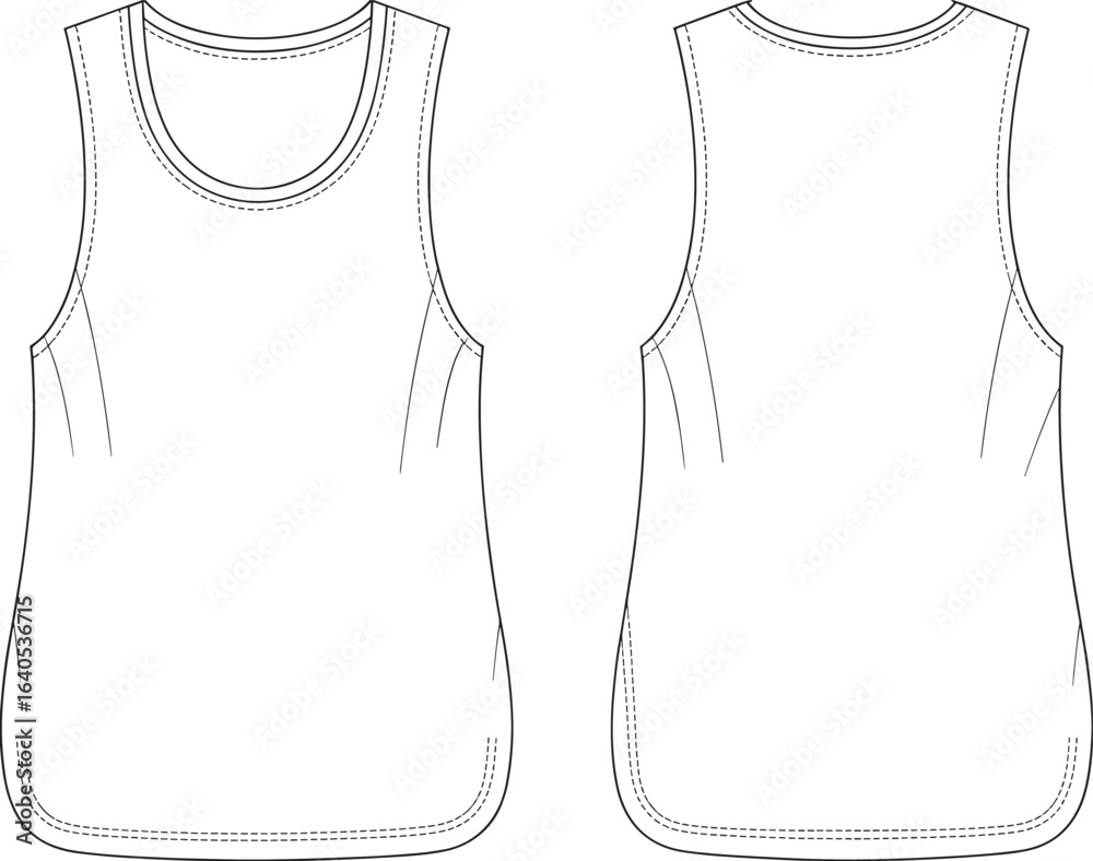 Women’s sleeveless scoop neck tank top technical flat sketch, front and back view, fitted design, fashion apparel vector template illustration Women’s sleeveless scoop neck tank top technical flat sketch, front and back view, fitted design, fashion apparel vector template illustration