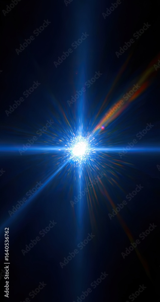 Obraz premium Bright blue starburst light flare, dark background, cosmic explosion, for design overlay