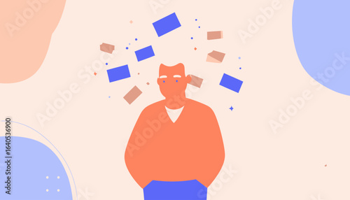 Conceptual illustration of an older man feeling overwhelmed by information, depicting a cluttered mind, stress, and thought process