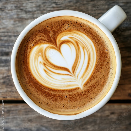 Top-down view of a coffee cup featuring intricate latte art design with a heart on a rustic wooden table