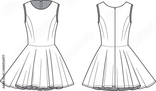 Sleeveless fit and flare dress technical flat sketch, front and back view, flared skirt, women’s fashion apparel vector design illustration