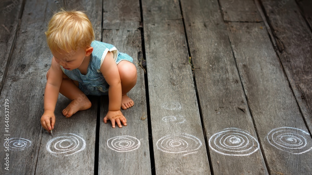 Naklejka premium Toddler drawing concentric circles on weathered wooden decking.