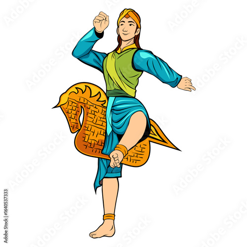 A vibrant vector illustration of a traditional Jathilan dancer, smiling warmly with dynamic movements, wearing colorful Javanese attire and holding a woven bamboo horse prop, full of cultural charm.