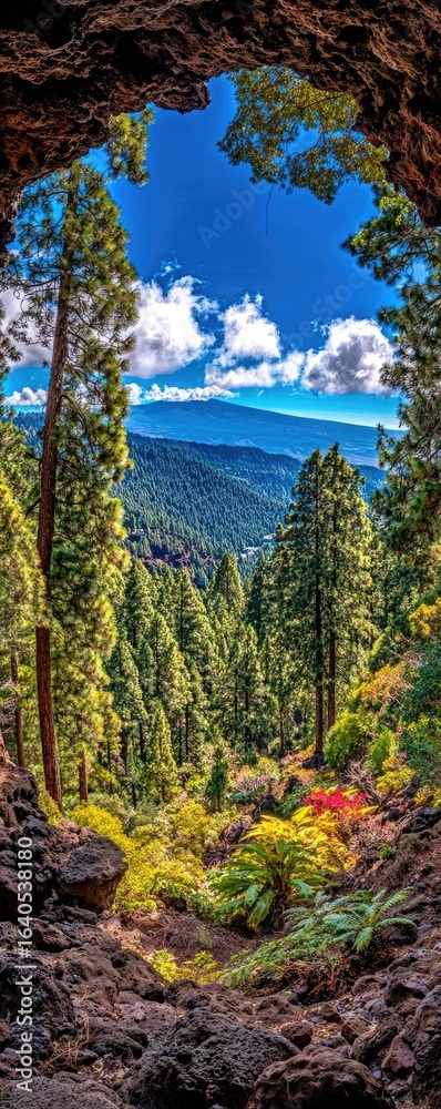 Obraz premium Forest vista through a rocky archway. Lush greenery fills the valley, framed by towering trees, with mountains in the background. A vibrant display of autumnal colors