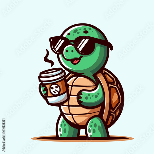 cool cartoon vector illustration of a turtle drinking coffee