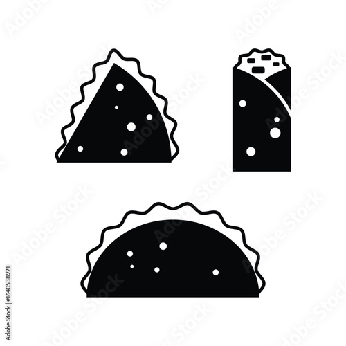 Minimalist black silhouette icons of kimbap on a white background, including taco, quesadilla, burrito
