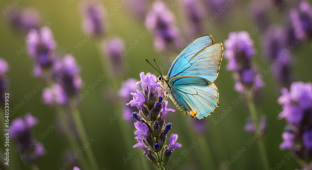 Naklejka premium Blue butterfly perched on lavender flower in vibrant garden scene