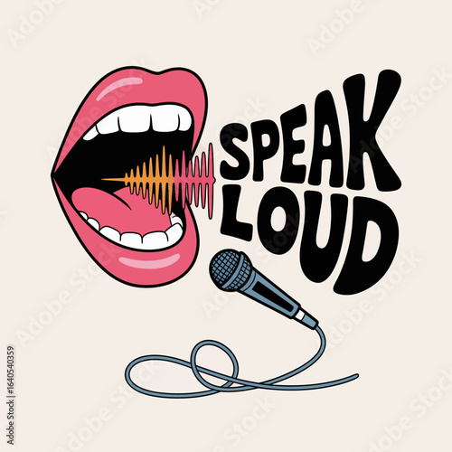 Vibrant Illustration of a Mouth Speaking Loudly with a Microphone and Colorful Sound Waves Emitting from It