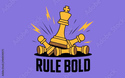 Golden king chess piece dominates pawns symbolizing power strategy victory and leadership with text rule bold graphic design vector