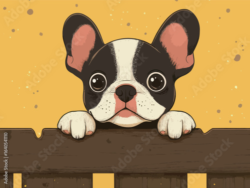 A cartoon dog is looking out from behind a wooden fence. The dog has a black and white coat and is looking at the camera. Scene is playful and lighthearted