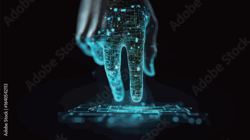A hand is pointing at a screen with a blue background. Concept of technology and innovation, as the hand is interacting with a digital device. The blue color scheme adds to the futuristic