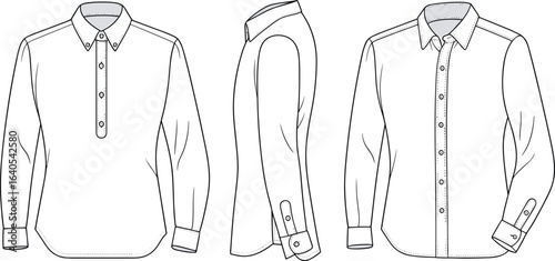 Long sleeve shirt front side back view, formal men’s dress shirt design, button-up collar shirt template, clothing fashion sketch, flat vector illustration