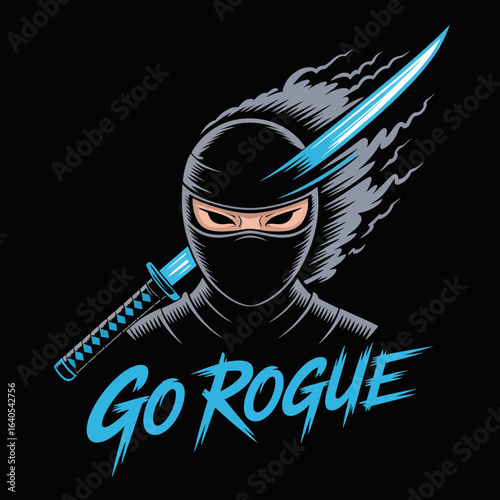 Dynamic Ninja Illustration with Sword and Bold Text Promoting a Rogue Lifestyle for Adventurers