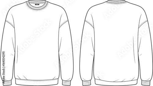 Blank sweatshirt front and back view, isolated fashion template, crew neck pullover design, casual clothing mockup, unisex sweater outline, flat vector illustration