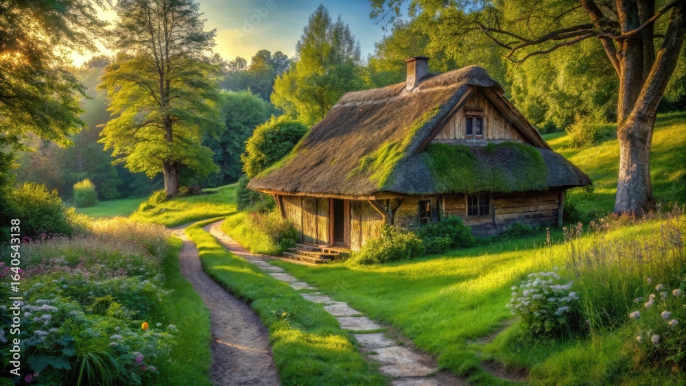 Fototapeta premium A Picturesque Thatched-Roof Cottage Nestled Amidst Lush Greenery and a Winding Path at Sunrise