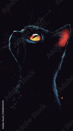 A black cat with yellow eyes is staring at the camera. The cat's fur is fluffy and it is looking up at something. The image has a mysterious and curious mood