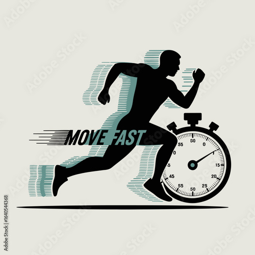 Dynamic Illustration of a Runner Sprinting with a Stopwatch Emphasizing Speed and Movement