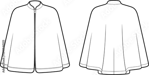 Cape coat fashion flat template front and back view, loose fit outerwear design with stand collar and curved hem, flat vector illustration