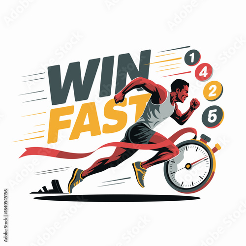 Dynamic Illustration of a Runner Emphasizing Speed and Competition with Bold Typography Elements