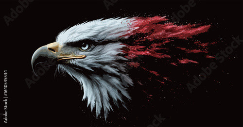 A close up of an eagle's head with red feathers. The image is a stylized representation of an eagle's head, with the feathers appearing to be in motion