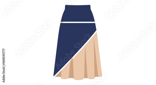 Two-tone long skirt illustration with pleated detail. Modern color-block A-line maxi skirt vector graphic isolated.