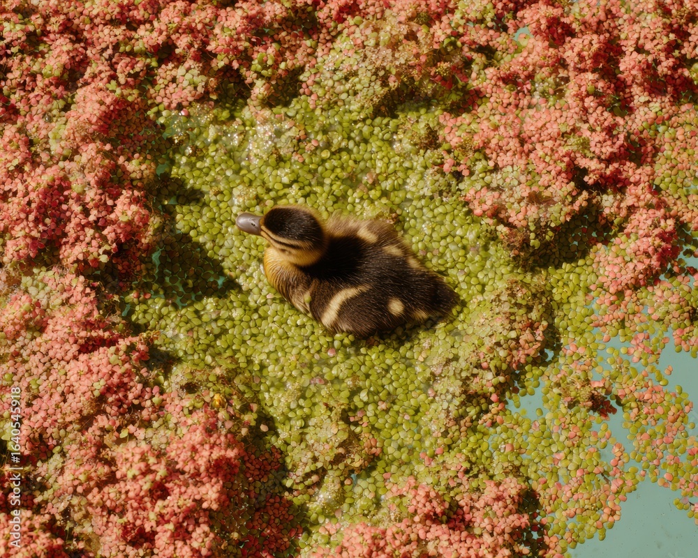 Obraz premium High-Quality Mallard Duckling Floating on Green Pond with Duckweed Authentic Nature and Environmental Education Content for Ecological Marketing