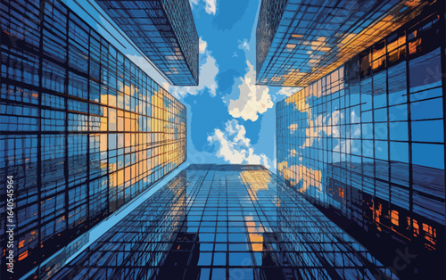 A city skyline with tall buildings and a clear blue sky. The buildings are made of glass and reflect the sunlight, creating a bright and sunny atmosphere. Concept of modernity and progress
