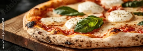 Wood-fired Neapolitan pizza with charred crust and fresh basil served on wooden board for an authentic experience