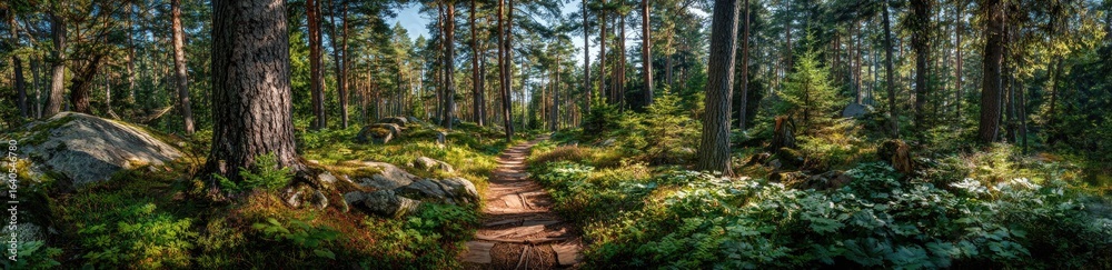 Obraz premium Lush forest path amidst towering trees