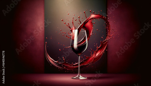 Luxury red wine splash on burgundy backdrop—dynamic motion, high contrast studio lighting, copy space. Perfect hero image for premium beverage branding, posters, banners, menus, bar promo, social ads.
