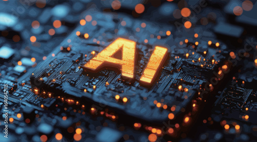 A computer chip with the letters AI on it. The image is a close up of the chip and the letters are glowing
