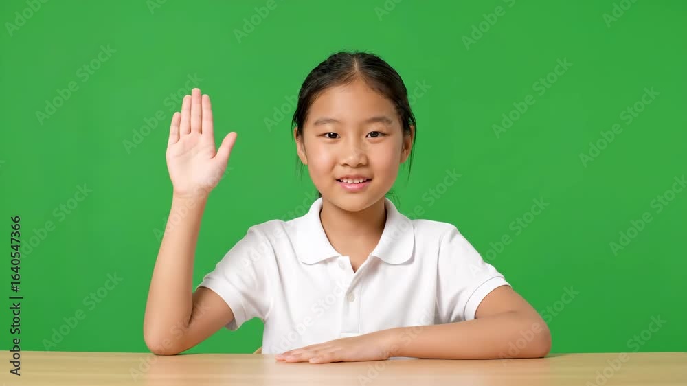 Girl Raising Hand Eagerly in Classroom - A young Asian girl, wearing a white polo shirt, sits at a desk with a bright green background. Girl Raising Hand Eagerly in Classroom - A young Asian girl, wearing a white polo shirt, sits at a desk with a bright green background.