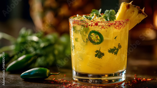 Close up shot of a spicy margarita with pineapple and jalapeño garnish drink