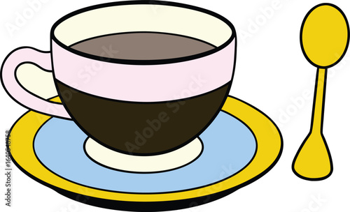 ceramic teacup beside saucer and gold teaspoon on transparent background