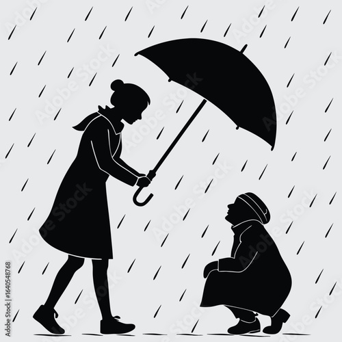 Silhouette of Woman Sheltering Elderly Lady with Umbrella in Rain – Kindness and Humanity Concept