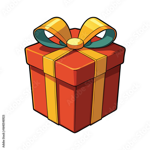 A red gift box with a golden ribbon and bow, presented on a white background vector illustration