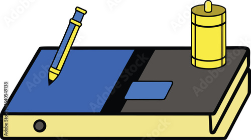 desk with brass pen holder and leather bound journal on transparent background